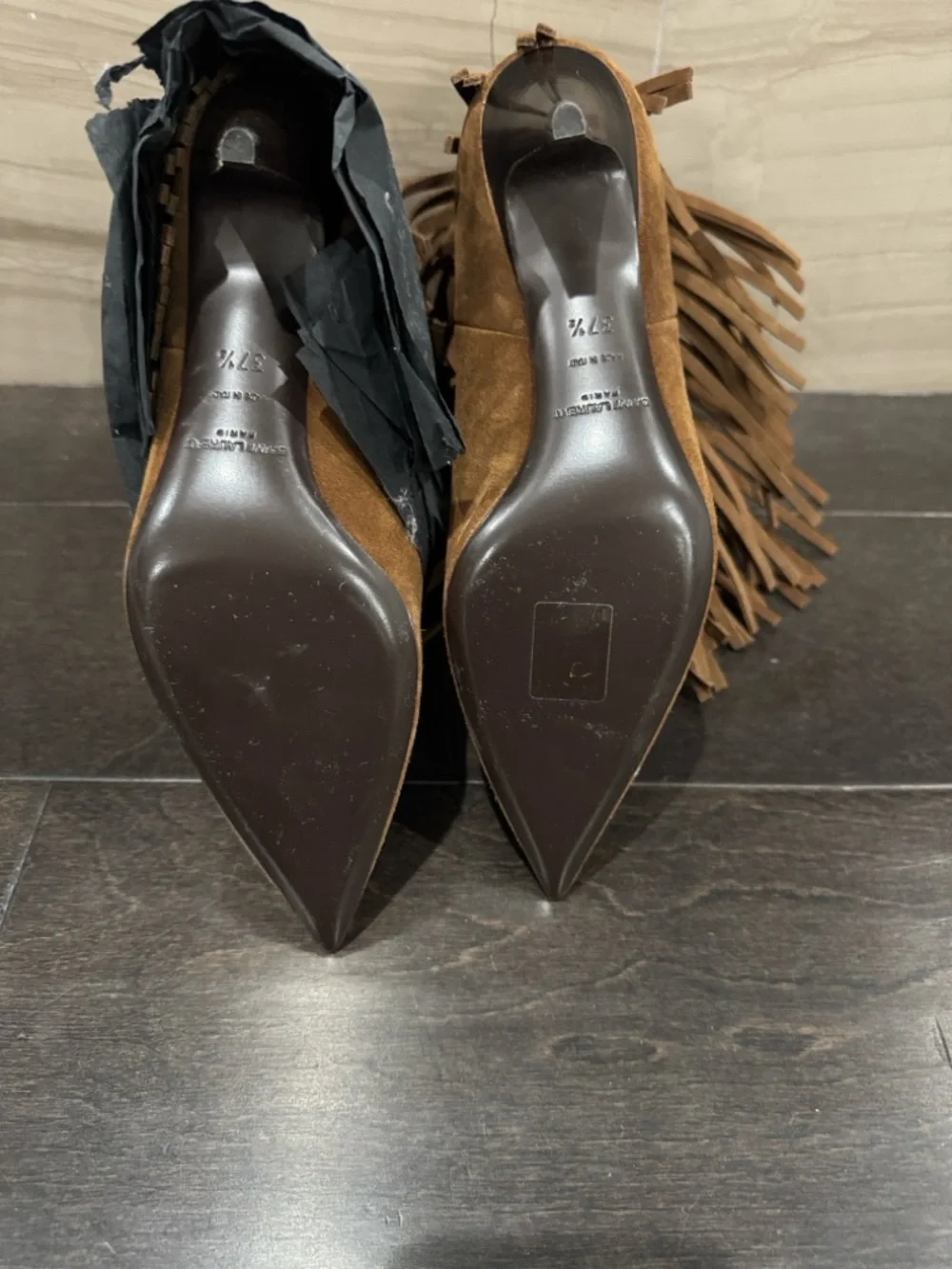 Saint Laurent Tan Suede Fringe Pointed Ankle Boots - Picture 3 of 4